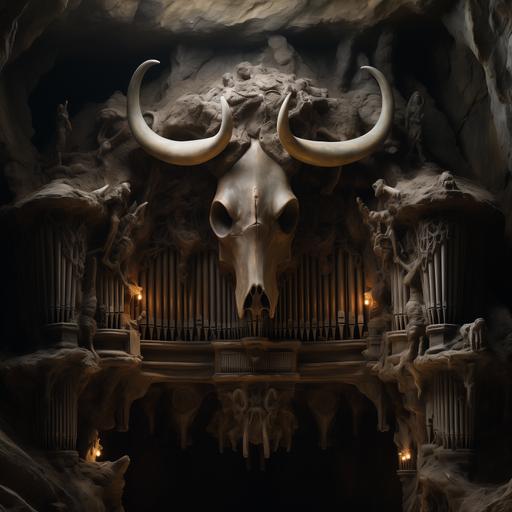 a cave with a organ carved into the rock face that has a buffalo sitting and playing it. the organ should have flames and fire coming out of the top of the pipes. photo real hyper detail