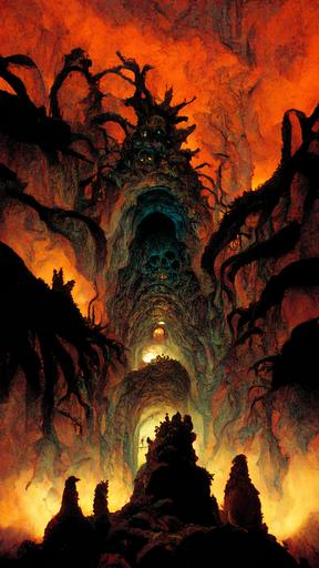 a cavernous lair made of spiney bones and spikes that stretch into the sky surrounded by billowing smoke and steam and ominously dim lights in blue green and red colors, a wretched thing that lurks below, mysterious glowing eyes creep from cracks and crevices and shadows, Thragg, Shoggoth, cretaceous chasm, cinematic lights, cinematic scene, cinematic, shell design, crawling with lurkers and creepy crawlies, wild prehistoric jungles, by adrian smith and Wayne Barlowe's Mortal Hell, rendered by awesomeness --ar 9:16
