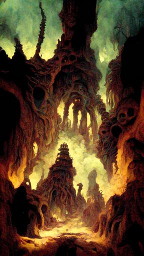 a cavernous lair made of spiney bones and spikes that stretch into the sky surrounded by billowing smoke and steam and ominously dim lights in blue green and red colors, a wretched thing that lurks below, mysterious glowing eyes creep from cracks and crevices and shadows, Thragg, Shoggoth, cretaceous chasm, cinematic lights, cinematic scene, cinematic, shell design, crawling with lurkers and creepy crawlies, wild prehistoric jungles, by adrian smith and Wayne Barlowe's Mortal Hell, rendered by awesomeness --ar 9:16