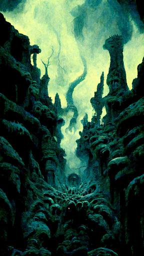 a cavernous lair made of spiney bones and spikes that stretch into the sky surrounded by billowing smoke and steam and ominously dim lights in blue green and red colors, a wretched thing that lurks below, mysterious glowing eyes creep from cracks and crevices and shadows, Thragg, Shoggoth, cretaceous chasm, cinematic lights, cinematic scene, cinematic, shell design, crawling with lurkers and creepy crawlies, wild prehistoric jungles, by adrian smith and Wayne Barlowe's Mortal Hell, rendered by awesomeness --ar 9:16 --uplight