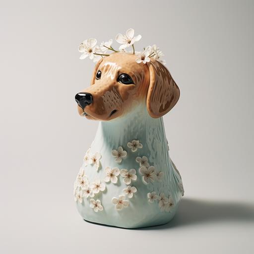 a ceramic vase, dog shaped, transparent glaze, seen from the side, flowers inside the vase