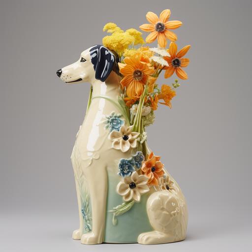 a ceramic vase, dog shaped, transparent glaze, seen from the side, flowers inside the vase
