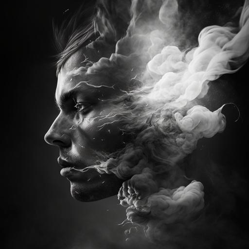 a character made of air, smoke, cloudy, cinematographic.