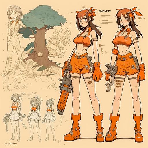 a character sheet of a humanoid chainsaw woman with chainsaws in her arms, orange color as an 90's anime adaptation by studio ghibli, cartoon style, ghibli style, concept art, different views, intricated details, highly detailed