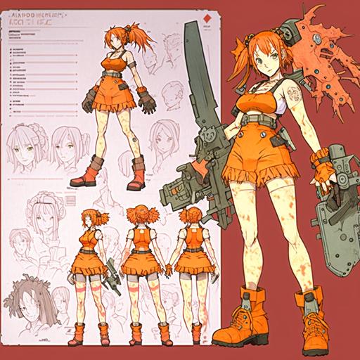a character sheet of a humanoid chainsaw woman with chainsaws in her arms, orange color as an 90's anime adaptation by studio ghibli, cartoon style, ghibli style, concept art, different views, intricated details, highly detailed