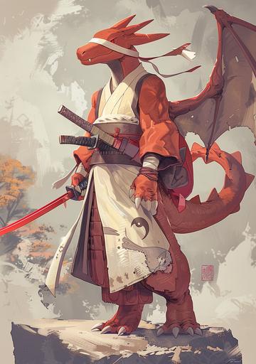 a charizard in samurai warrior costume with red sword, spreaded wings, white headband on head, in the style of luminous suffusion, high resolution, light maroon and white, moebius, traditional techniques reimagined, anime style, chase stone, 2d --ar 45:64