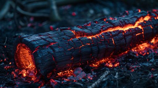 a charred log of wood, the redhot embers of the edges still glowing red hot like incandescent plasma --ar 16:9 --v 6.0 --no closeup, portrait, text, font, titles, captions, photo grids, grids, writing