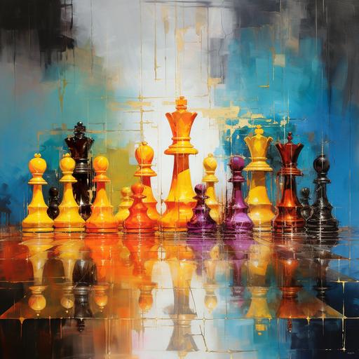 a chessboard constructed entirely of prismatic rainbows. Each square a different hue, shimmering and shifting as if alive. Chess pieces, too, are brought to life, gleaming with vibrant, iridescent colors that mirror the board they stand upon, andre kohn style oil artwork,