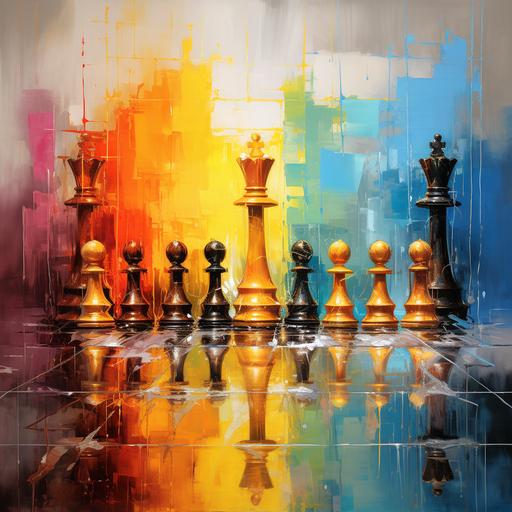 a chessboard constructed entirely of prismatic rainbows. Each square a different hue, shimmering and shifting as if alive. Chess pieces, too, are brought to life, gleaming with vibrant, iridescent colors that mirror the board they stand upon, andre kohn style oil artwork,