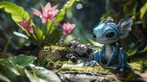 a chibi claymation like mudpuppy hellbender waterbender anime superhero chilling out with her friend Dendrobium named after an orchid from the twilight zone freakshow or something, good luck, fine detail Ultra HD photorealistic masterpiece --ar 16:9