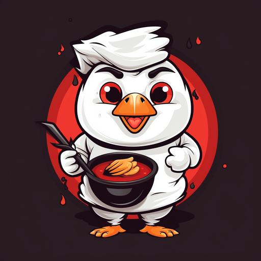 a chicken cartoon character for a spicy noodle company, white and black