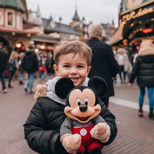 a child at disneyland paris with a mickey plush in hands