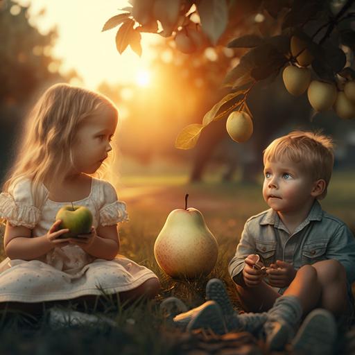a child blonde child with blue eyes playing with a pear in a orchard, mum and dad holding hands on the background, sunset, real, photo, HD, 8k