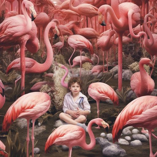 a child has fallen into the flamingo habitat and is being surrounded by flamingo-raptors