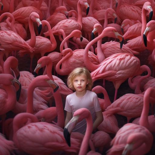 a child has fallen into the flamingo habitat and is being surrounded by flamingo-raptors