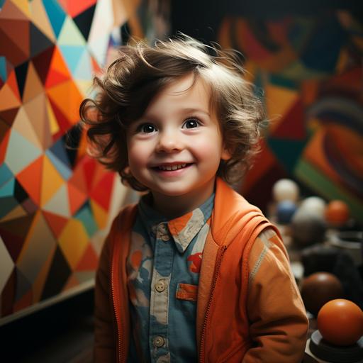 a child smiling with Picasso's features in childhood, dressed in clothes of a painter, from the 1920s without a hat, in his studio against the background of colors and shapes of Picasso's paintings, hyper realizes in 3D --s 750