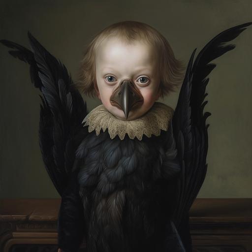 a child with a mouth in the shape of a crow's beak and arms in the shape of wings