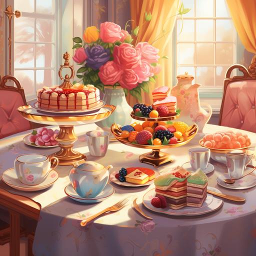 a children book illustration of a fancy and elegant tea party table with a beautiful and colorful background interior--v 4