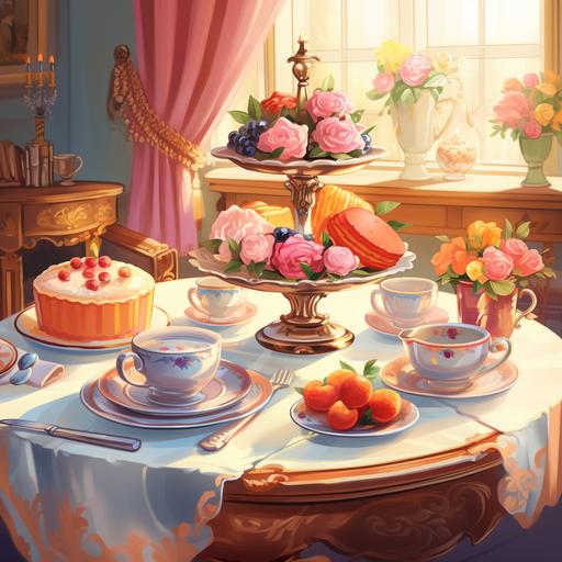 a children book illustration of a fancy and elegant tea party table with a beautiful and colorful background interior--v 4