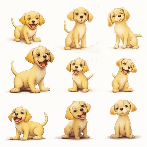 a children's book illustration of a cartoon small yellow lab in multiple poses and expressions