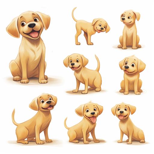 a children's book illustration of a cartoon small yellow lab in multiple poses and expressions