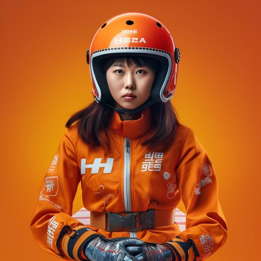 a chines girl in Hermes branded skating helmet, knee guards and elbow guards. Hyper realistic referring to popular Hermes designed merchandise.