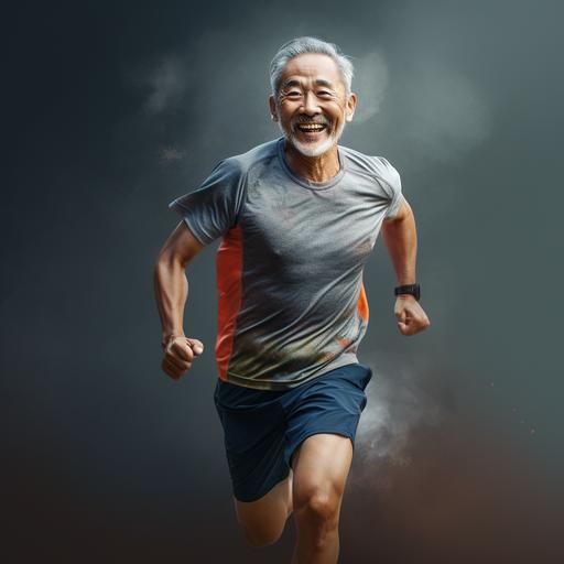 a chinese age 60-70 old man into running possition , his is showing a smiling face and wearing sport wear , picture showing he is running side way , showing whole body