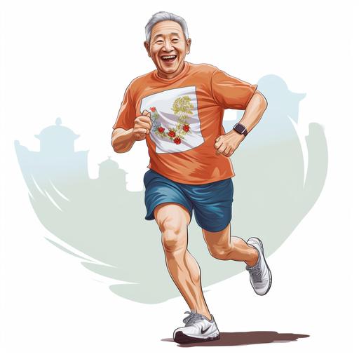 a chinese age 60-70 old man into running possition , his is showing a smiling face and wearing sport wear , picture showing he is running side way , showing whole body