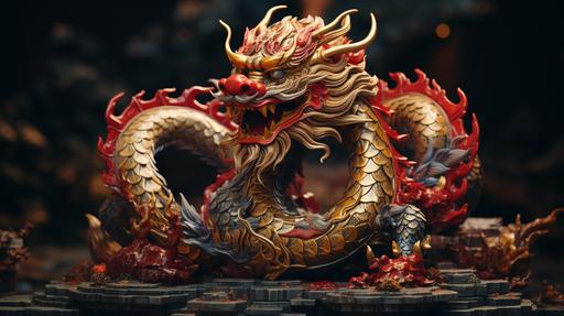 a chinese dragon statue on an infinte background, with red and gold details --ar 16:9 --s 200