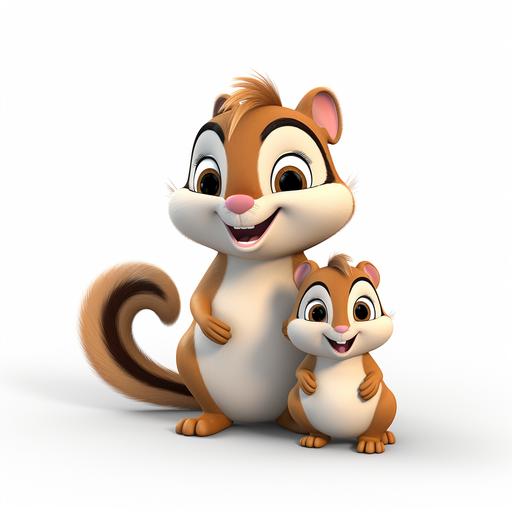 a chipmunk with a baby chipmunk, cartoon style, disney style, white backround, high quality, 3d rendered