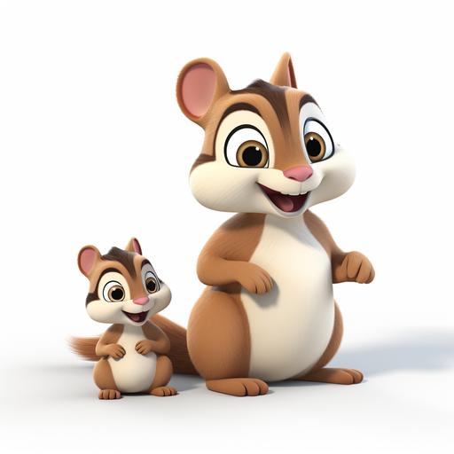 a chipmunk with a baby chipmunk, cartoon style, disney style, white backround, high quality, 3d rendered