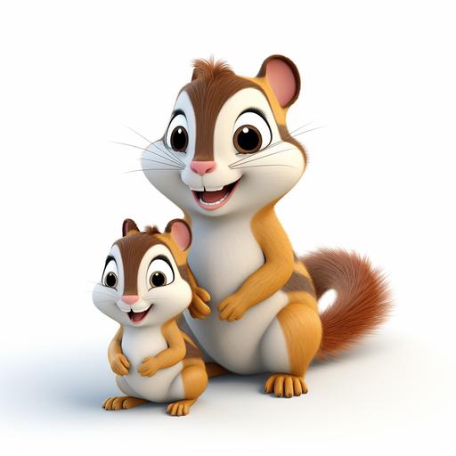 a chipmunk with a baby chipmunk, cartoon style, disney style, white backround, high quality, 3d rendered