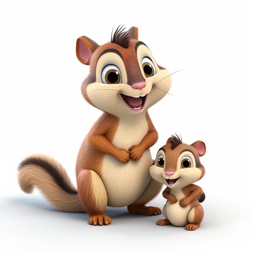 a chipmunk with a baby chipmunk, cartoon style, disney style, white backround, high quality, 3d rendered