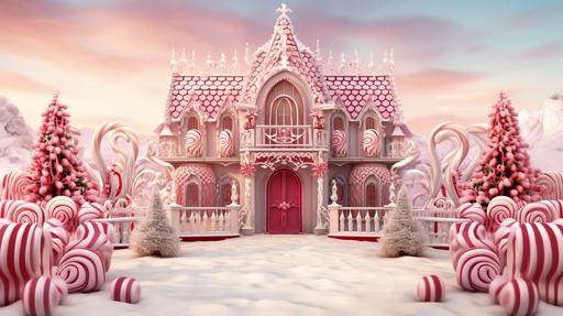 a christmas house with pink and white candy canes, in the style of [natalie shau]( 32k uhd, [vladimir kush]( cute cartoonish designs, disney animation, fantastical machines, [alena aenami]( --ar 16:9