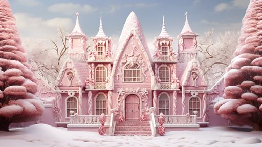 a christmas house with pink and white candy canes, in the style of [natalie shau]( 32k uhd, [vladimir kush]( cute cartoonish designs, disney animation, fantastical machines, [alena aenami]( --ar 16:9