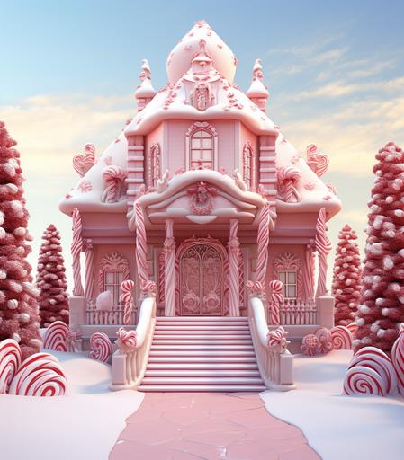 a christmas house with pink and white candy canes, in the style of [natalie shau]( 32k uhd, [vladimir kush]( cute cartoonish designs, disney animation, fantastical machines, [alena aenami]( --ar 89:101