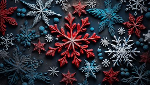 a christmas snowflake wreath in a dark background, in the style of mysterious backdrops, dark turquoise and navy, marble, high quality photo, vibrant stage backdrops, dark gray and red, textured canvas --ar 39:22