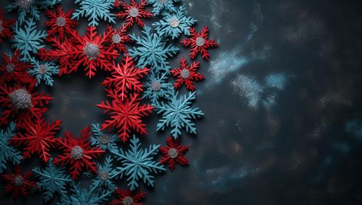 a christmas snowflake wreath in a dark background, in the style of mysterious backdrops, dark turquoise and navy, marble, high quality photo, vibrant stage backdrops, dark gray and red, textured canvas --ar 39:22