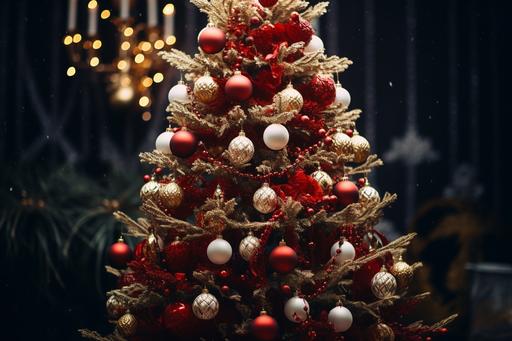 a christmas tree decorated with shiny red and gold ornaments, in the style of pentax k1000, dark red and white --ar 3:2