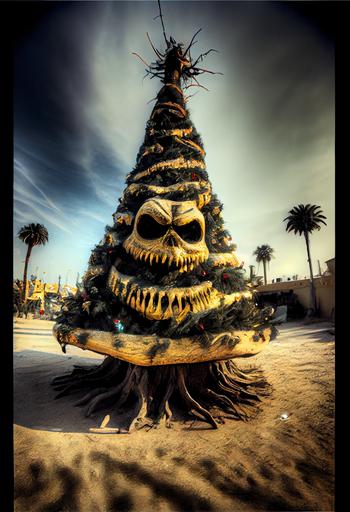 a christmas tree haunted by the ghost of snaphat, with ornaments representing the many lost souls, swiling mystical yellow sparkling smoke, putrid stench from rotting dripping tree, abaonded destroyed sunsoaked santa monica street cinematic shot ultra wide angle haunted scary spookie scary intimidating in scale --ar 2:3 --v 4 --q 2 --upbeta --v 4