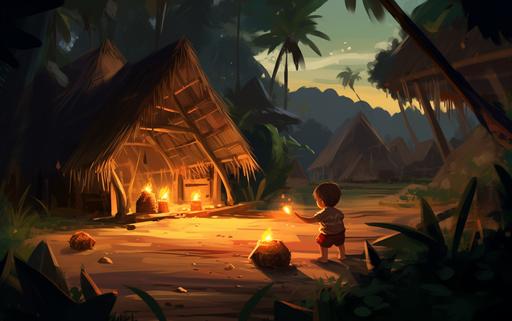 a chubby, cute, redheaded boy, is playing bocci ball near a dramatically lit tiki hut with a thatch roof. Evening lighting. --ar 8:5 --c 33