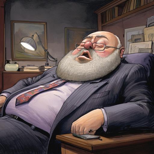 a chubby nerdy older psychiatrist has fallen fast asleep, snoring with his mouth open, bushy graying beard, balding, suit and tie, New Yorker cartoon