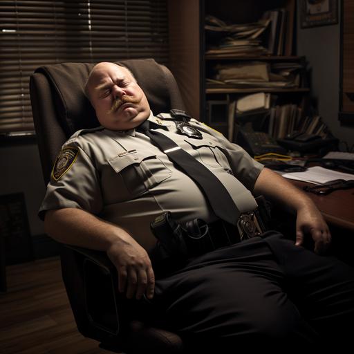 a chubby older police captain has fallen fast asleep, snoring with his mouth open, sitting in an office chair, gray mustache, balding, necktie, suspenders, serene, peaceful