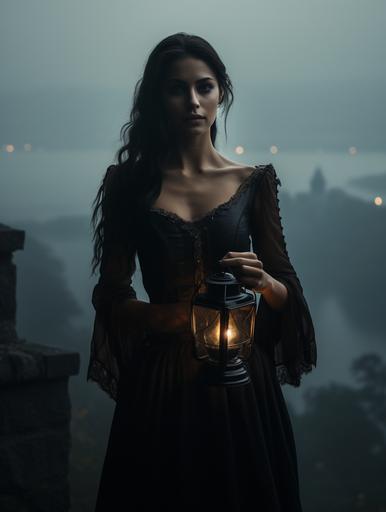 a cimmerian woman with a lantern in the fog, a medieval castle in the distance, in the style of dark cottagecore, dark academia aesthetic, photo-realistic landscapes, imaginative dramatic scenes, dark white and dark amber, i can't believe how beautiful this is, detailed costumes, meticulously crafted scenes --ar 3:4