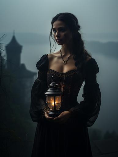 a cimmerian woman with a lantern in the fog, a medieval castle in the distance, in the style of dark cottagecore, dark academia aesthetic, photo-realistic landscapes, imaginative dramatic scenes, dark white and dark amber, i can't believe how beautiful this is, detailed costumes, meticulously crafted scenes --ar 3:4