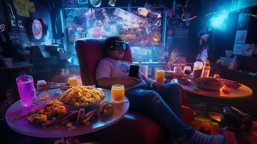 a cinematic dark neon movie still, showing a attractive obese teenager hooked into the metaverse with vr headset, lot of wires, junk food, female posters and depicting a bachelor pad, a cinematic dark neon still --style raw --ar 16:9