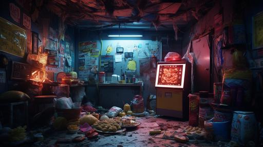 a cinematic dark neon movie still, showing junk food, female posters and depicting a bachelor pad, a cinematic dark neon still --style raw --ar 16:9