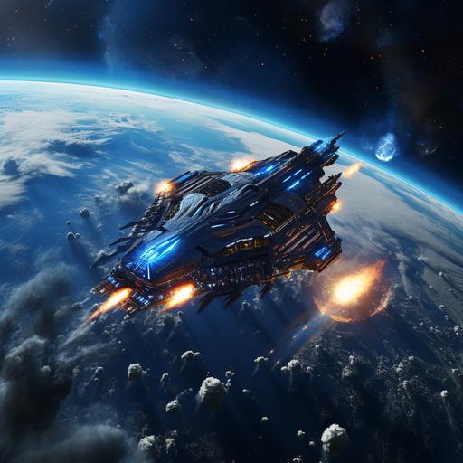 a cinematic image of a battle cruiser in space approaching a planet, engines buring blue flame, escourted by fighter craft.