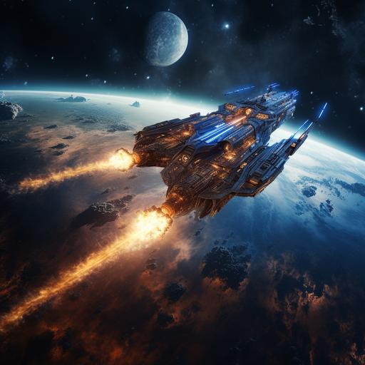 a cinematic image of a battle cruiser in space approaching a planet, engines buring blue flame, escourted by fighter craft.
