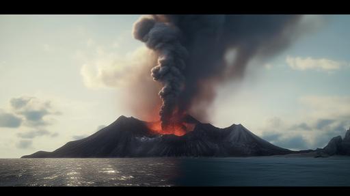 a cinematic movie still of a active vulcano, active volcano, beach, black rock, black smoke, cloudy sky, lava, ocean, volcano, explosion, cloud of smoke, thick smoke, fire, flying rocks. Create an image that captures the raw intensity and physicality of a danger. , mountaintop setting. Utilize lighting techniques to enhance the sense of drama volcano erupting. Capture the movement and faling debris.The composition should convey the chaotic nature of a physical jumping, immersing the viewer in the intensity and physical confrontation. meticulous military, in the style of Neill Blomkamp, exotic, humid, volcano erupting, atmosphere, --ar 16:9